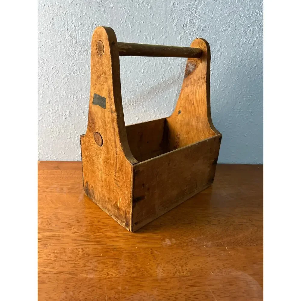 Vintage Wooden Tool Caddy Primitive Farmhouse Tote Box Rustic Carrier